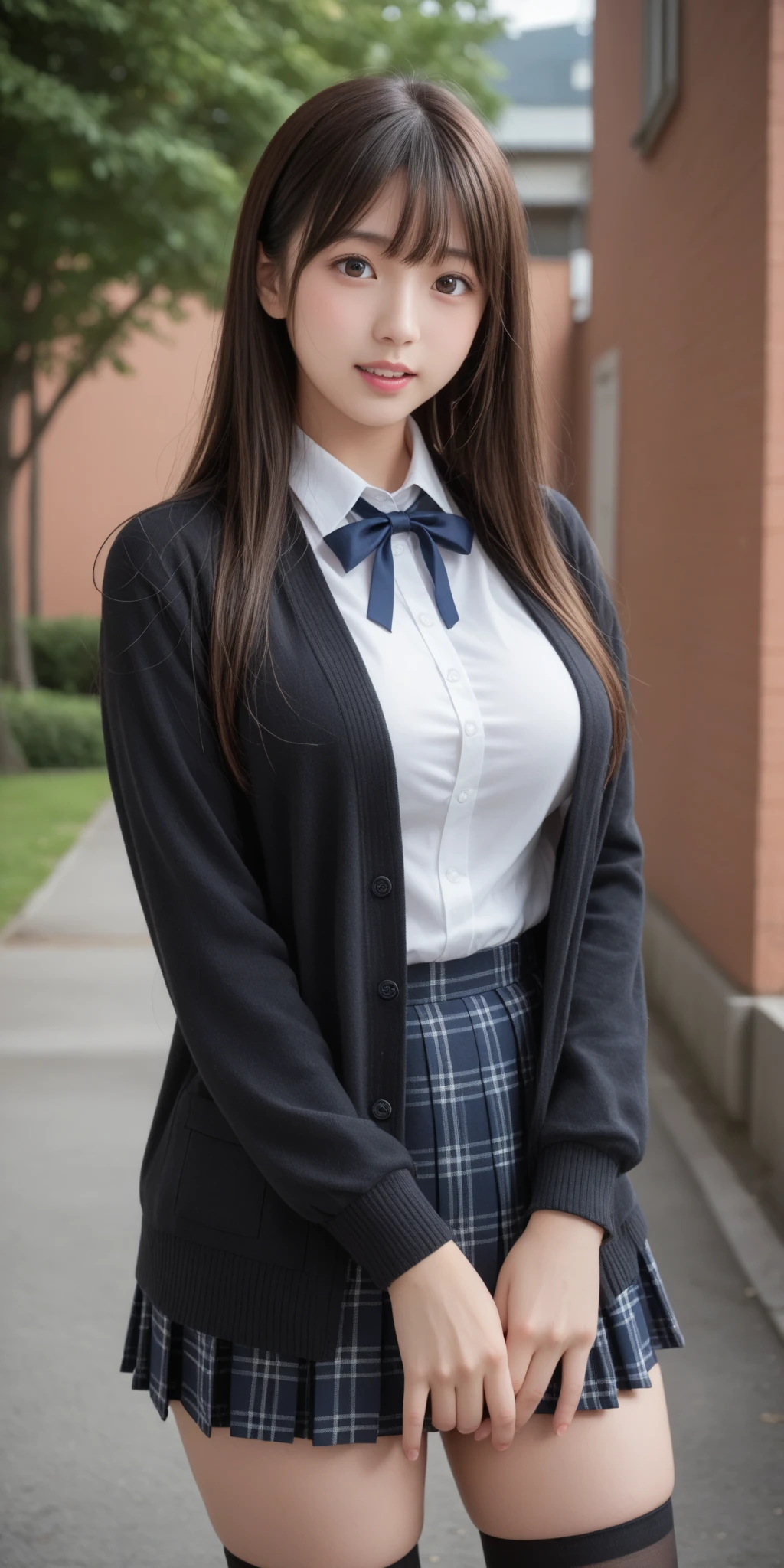 neat college girl、petite person、Outside the field、(Slimed、small tit、flat boobs、small tit)、Photorealsitic、detaileds, Skin Texture, ultra-detailliert、Delicate and sexy collarbone、A smile、Super Detailed Face、Detailed lips、A detailed eye、二重まぶた、sexy pose、((is standing、Schoolgirl Uniform、Sheer white shirt、Navy blue ribbon at the collar、Dark blue pleated micro mini、pull down your pants with both hands,,,,))、NSFW、buttocks visible