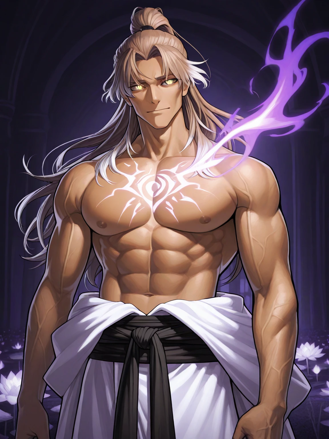 (Absurd, High resolution, Super detailed), 1 male, Adult, good looking, Tall and muscular man, Broad shoulders, Detailed drawn eyes, Very long hair,In a mystical cave, Casting a spell, Night, Central composition, Low angle shot, Eerie glow, Character's hands, Smooth, Mysterious, anime style, attractive anime, pixiv fan art
