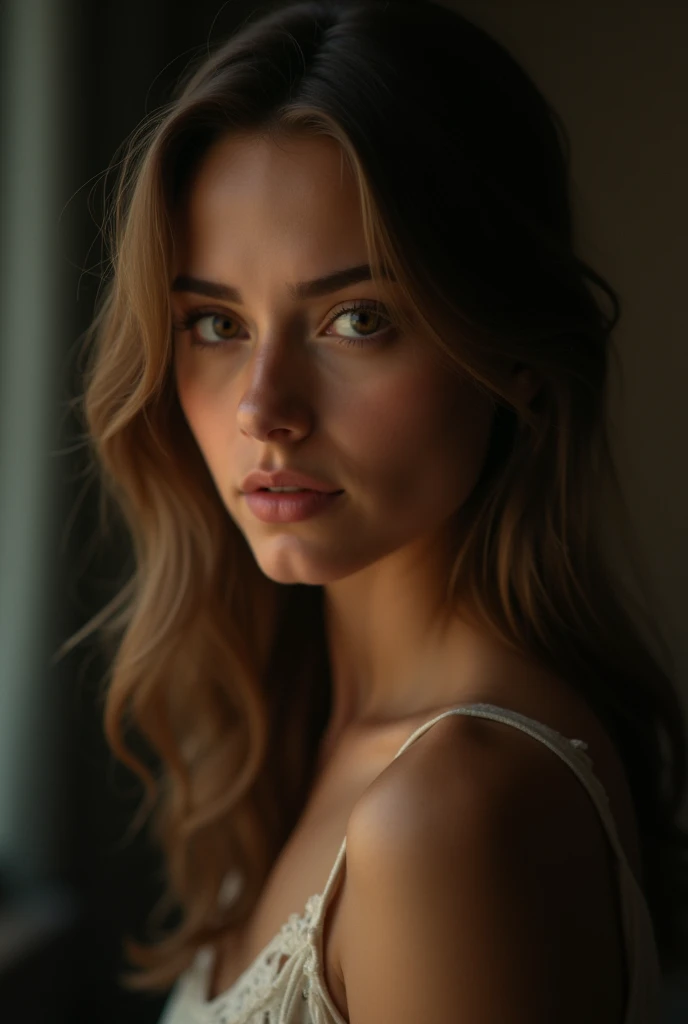 A striking portrait of a girl in a (dark room:1.2), illuminated solely by a (singular ray of sun:1.3), dramatic chiaroscuro, soft luminance on her face, deep contrasting shadows, intimate atmosphere, serene expression, Canon EOS R5, 1/250s, f/2.2, ISO 800, subtle texture details, nuanced skin tones, emotional depth, minimalist composition, timeless elegance, captivating simplicity, profound silence, masterful use of natural light, (masterpiece, best quality, perfect composition, very aesthetic, absurdres, ultra-detailed, intricate details, Professional, official art, Representative work:1.3)