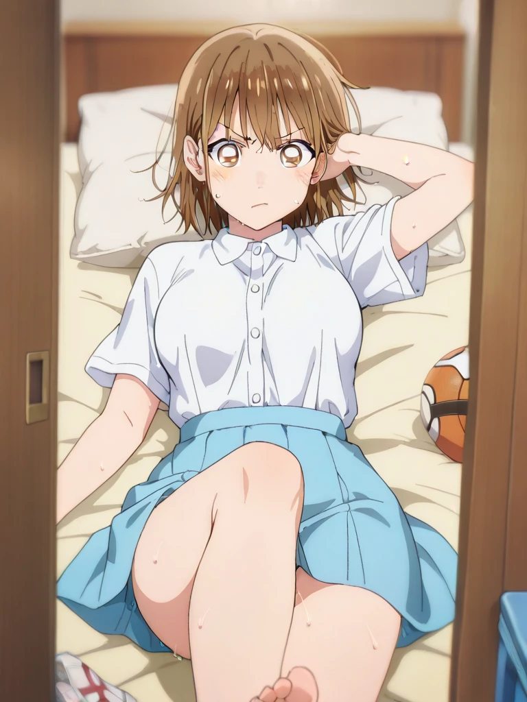 blushed、Embarrassed face、(Feminization、Japan school uniform、Check skirt、sit with curled under、pigeon-toed、white erotic panties、Underwear that bites、Light makeup)、short-hair、full body Esbian、feminine breasts、ligh brown hair、(masutepiece, Best Quality)、 Shiny skin、(1girll: nase, Naughty blush, Sweat flows)