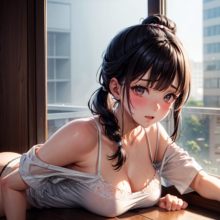 photo realistic, anime style, (8k, RAW photo, best quality, masterpiece:1.2), High detail RAW color photo, professional photograph, cowboy shot, (realistic, photo realistic:1.37),cinematic light, (finery detailed face:1.2), cowboy shot, thigh 1 girl in bath, 28-38 years old, very cute, very beautiful, photo realistic, event companion, BREAK, white oily skin, real human skin, (detailed face), oval face, pores, round eyes:1.0, ultra high res, BREAK, slim, (medium-large-breast:1.37, cleavage:1.37), (looking straight at viewer with a serene and goddess-like happiness:1.2), (lifter gloss, eyelashes, gloss-face, best quality, ultra highres, Broad lighting, natural shading), (beautiful thin short hair, wavy pony-tail hair style:1.5, shiny-black hair:1.5), BREAK, (esthetician uniform:1.3, white shirt;1.3, open shirt:1.3, magenta-lace-bra:1.3, knee-length satin-pencil-skirt:1.3), BREAK, ((detailed bedroom view:1.3, on bed:1.3, night room:1.5)), ((light smile, open mouth:1.5, humid, in heat, blush, seductive emotion, aroused)), ((from below:1.3, all fours:1.3, kneeling:1.3, hands between legs, leaning forward)), blurry background, bokeh, depth of field, cowboy shot:1.3, centered image,