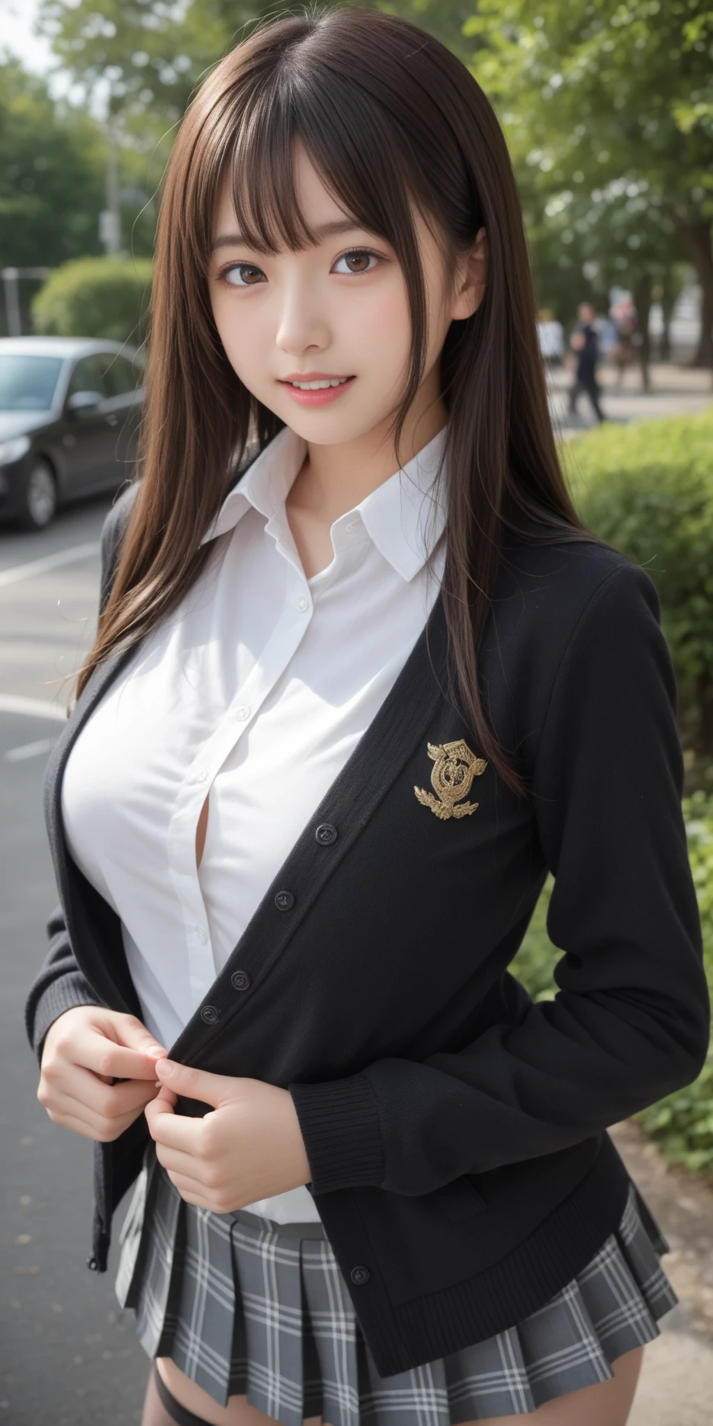 1 girl, (highest quality:1.4), (super detailed), (Highly detailed beautiful face), wonderful face and eyes, black eye, black hair, (school uniform, blazer, symbol), (cleavage), Smooth, Highly detailed CG integrated 8k wallpaper, High resolution raw color photos, professional photos, light, Backlight, dream-like, impressive, Depth of bounds written