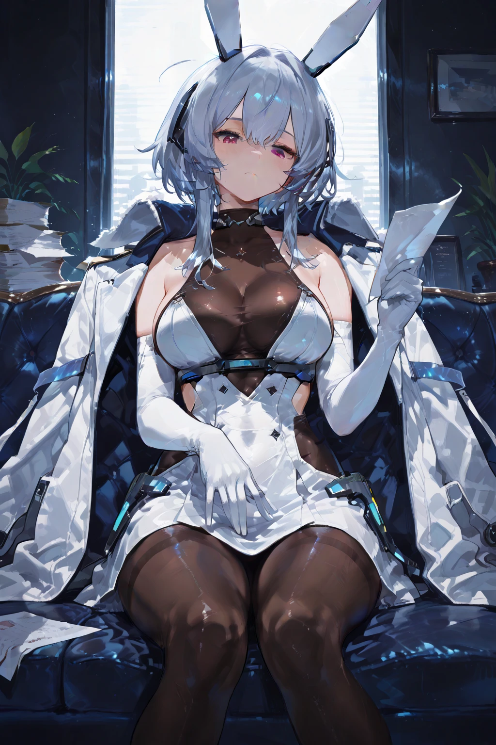 masterpiece, best quality, highres, aanj, long hair, hair intakes, headgear, large breasts, coat on shoulders, covered collarbone, bodystocking, white dress, sleeveless, elbow gloves, white gloves, covered navel, side cutout, pantyhose, <lora:new_jersey_(azur_lane)_v1:0.7>, squatting, outdoors, night, smile,
