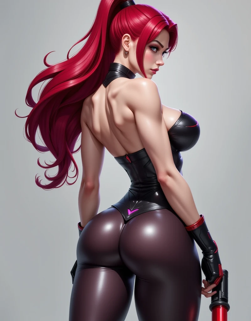 best quality,4k,8k,highres,masterpiece:1.2),ultra-detailed),HDR,UHD, ((cinematic lighting)),(melancholic:1.4),Super rich detail,(stereoscopic perspective:1.4), ((masterpiece)),(((best quality))),((character design sheet)), Pokémon character Jessie, (team rocket bikini) ((Jessie)), ((side body view:1.3)) (small white open vest:1.3), mature face, (red violet hair),((asian eyes:1.4)), ((thigh high black boots)) above knees:1.4), (slicked back hair), defined cheekbones,((long hair:1.2)), high cheekbones, illustration, muscular, sexy bimbo, (gigantic breasts:1.3) red hair, ((detailed face:1.4)) beautiful woman, (black gloves :1.2), (white skin:1.4) , (red lipstick:1.4), shiny skin, scribbles and marks,(puffy lips:1.4) , (red letter R on breast), rough sketches, pose, 8k,16k, (simple background, white background: 1.3) ((cool color palette)), ((black bikini, black thong)), elegant, intricate, 8K global lighting, HDR, cold lighting,ethereal atmosphere