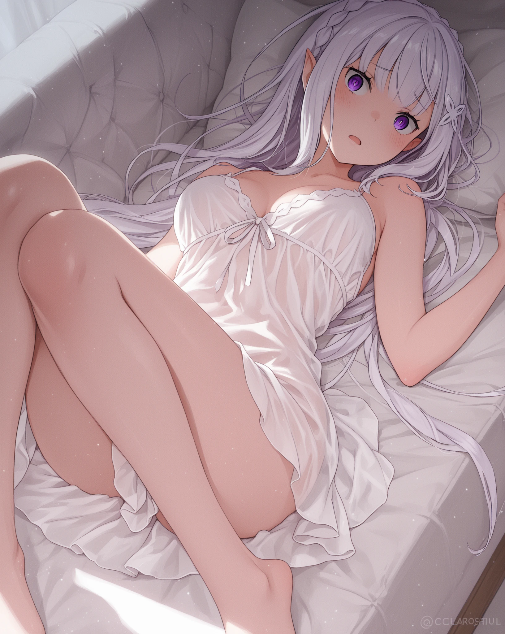 Japanese anime style，White-haired girl，On the bed，Wear white stockings，Charm，A little bit of reality，There is a white liquid on it，Some body details
