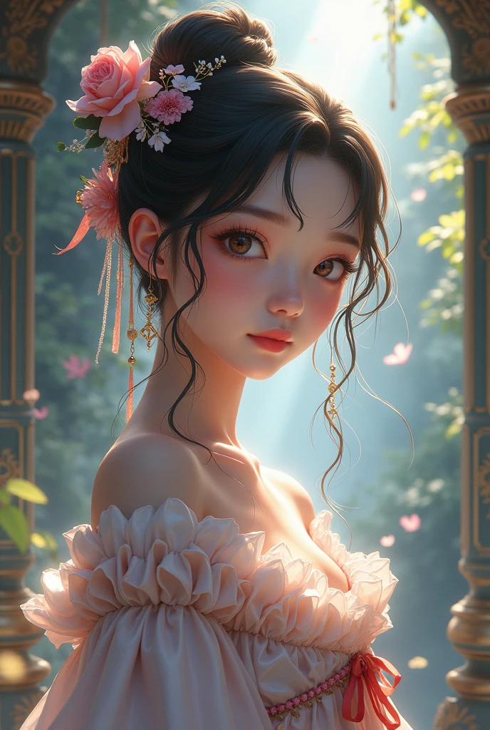 An elegantly dressed Japanese woman in natural light、A close-up of her chest and calm expression.、It shows her inner peace and outer charm.。、underwear