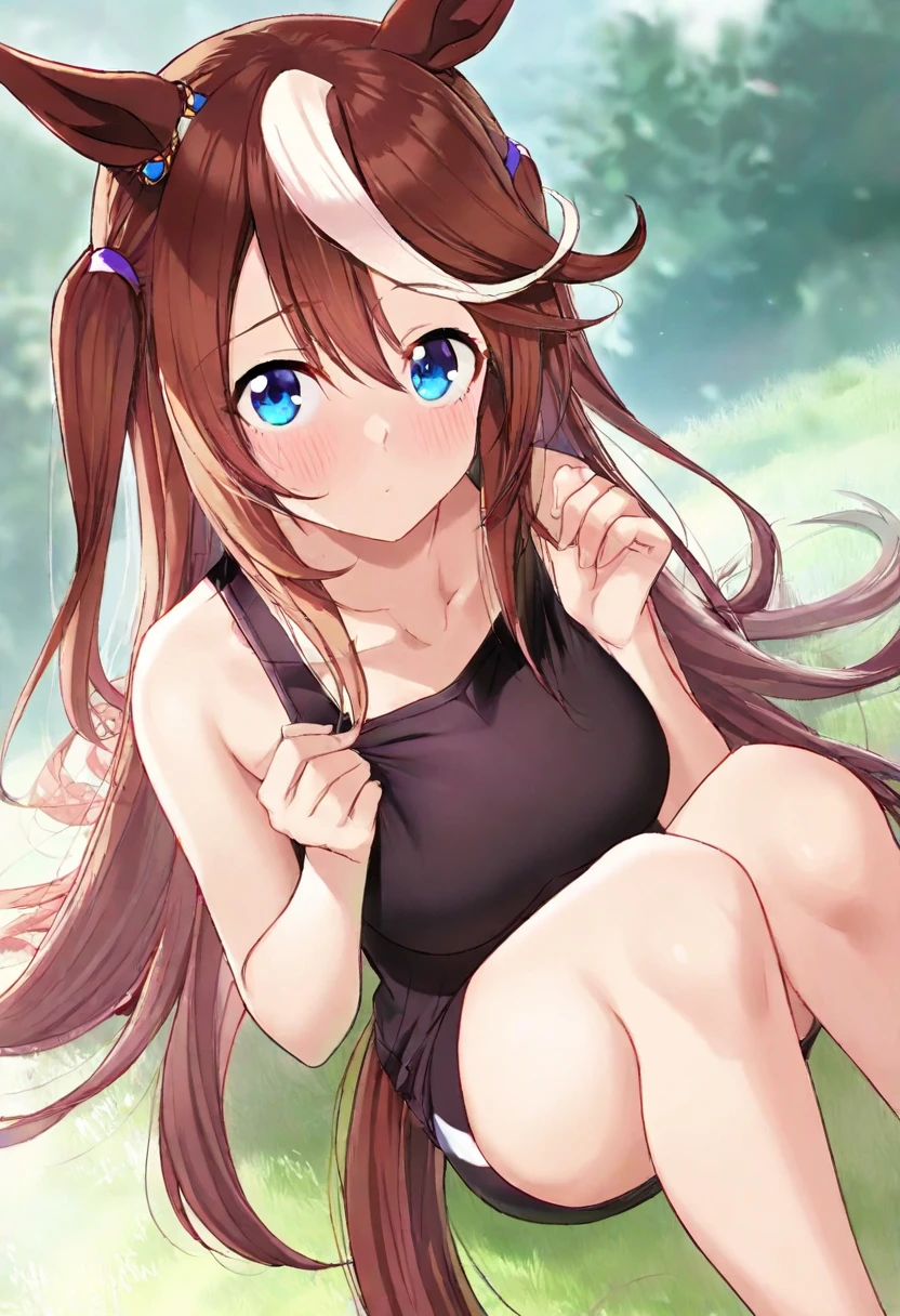 masterpiece, best quality, silence suzuka \(umamusume\), small breast, horse tail, looking at viewer, smile, (white swimsuit), (black thighhighs:1.1), floating hair, wind, wind lift, shiny hair, bedroom,all Fours, on bed, morning sun, morning, wind lift curtain, spoken heart,