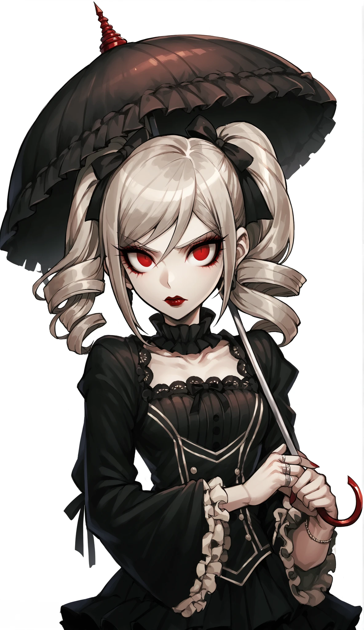 pen_sketch_style, 1girl, solo, ink, detailed face, puffy lips, gothic make up, beautiful woman, sketch, gigantic breasts, frilled dress,huge cleavage, seductive smile