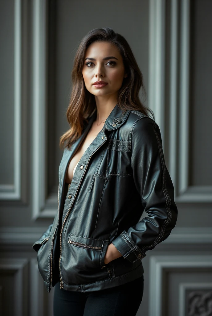 photo of (LivaHendriks:0.99) with long straight hair, wearing a black leather jacket, with metallic silver accents, with a fitted grey top underneath, (extremely detailed CG unity 8k wallpaper), photo of the most beautiful artwork in the world, professional majestic oil painting by Ed Blinkey, Atey Ghailan, Studio Ghibli, by Jeremy Mann, Greg Manchess, Antonio Moro, trending on ArtStation, trending on CGSociety, Intricate, High Detail, Sharp focus, dramatic, photorealistic painting art by midjourney and greg rutkowski, (detailed pupils:1.3)