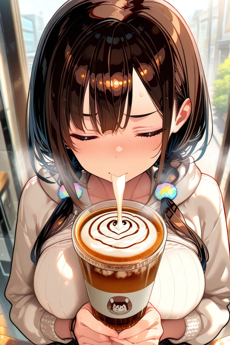 anime girl with chocolate in a cup of coffee, with a cup of hot chocolate, hot coffee, hot cocoa drink, drinking coffee, guweiz on artstation pixiv, guweiz on pixiv artstation, drinking a cup of coffee, loli, artstyle : ilya kuvshinov, smooth anime cg art
