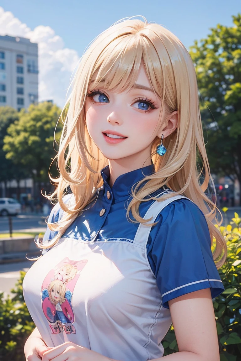(One frontal photo), half body, Beautiful face, Highly detailed face and skin texture, Grey eyes, kind smile, (blush), Glitter eyeliner:1.2, Shiny skin, Light skin: 1.2, (20 years old), (Long wavy hair, blonde hair, Parted bangs), huge breasts, (red t-shirt), (navel), park, natural light
