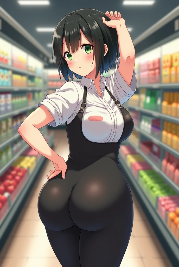 she has a big butt and her butt is visible in the dress, She is smiling and sticking her butt out, in the supermarket.