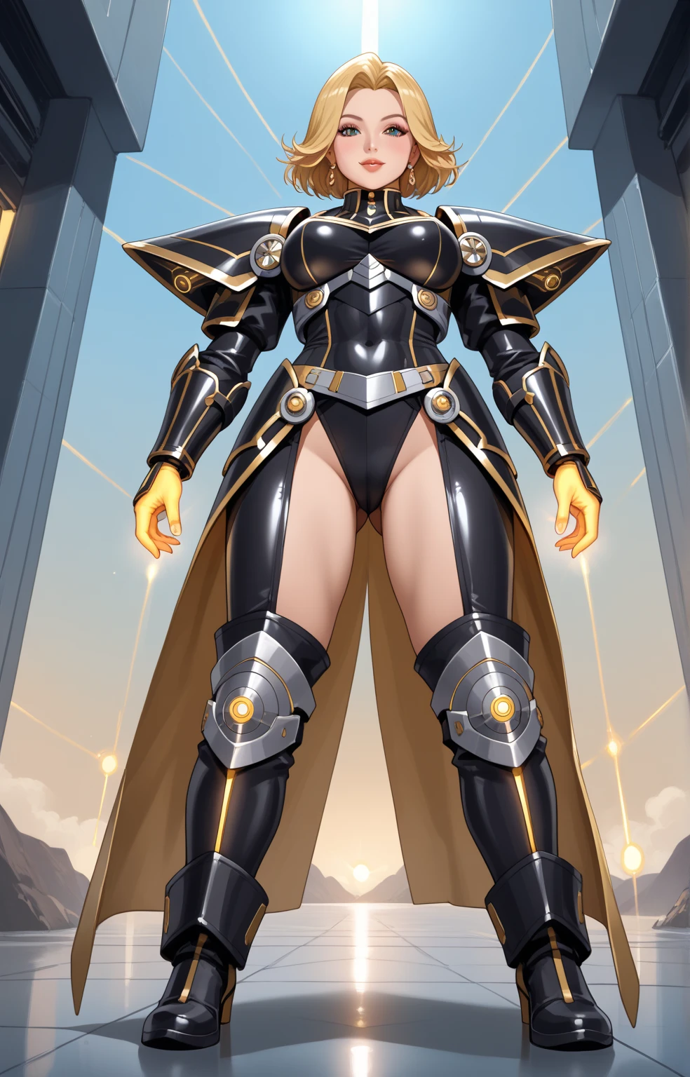 Masterpiece, Best Quality, Extra Detail, 1girl, perfect body, medium boobs, blue eyes, long hair, black hair, stern look, smile, garuda headdress, white leotard, cleavage, groin, pauldrons, shoulder armor, golden gauntlets, golden boots, armored boots, waist cape, futuristic city, outdoor, day, black gloves, full gloves, standing, full body