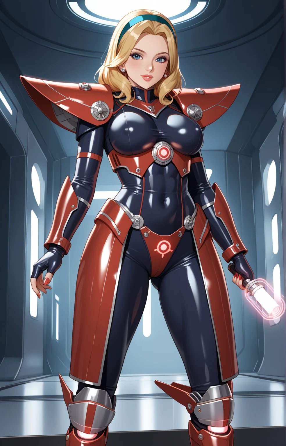 (masterpiece, best quality, ultra detailed, absurdres)1.5, 1girl, (sexy, beautiful woman, perfect face, perfect eyes, perfect female body)1.5, (AliciaViewstream, wavy hair, long hair, blonde hair, red eyes, mature female, milf, v-shaped eyebrows, red lips, extremely detailed clothes, red-black cape, smile, red elbow gloves, red thigh boots, red impossible clothes, ),very detailed, depth of fields。Create depth with atmospheric lighting,wide wide shot,detail,(Hyper-detailing),(Complicated details),(High resolution CGI artwork 8k),indoors, futuristic room, computers, monitors, holographic interface,
