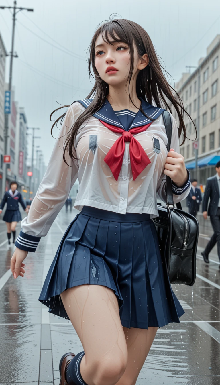 8k, score_9,score_8_up,score_7_up,8k, breasts, A beautiful Japanese woman, High school girl in the rain, （Her uniform is transparent and her underwear is visible.：1.2、Big Tits