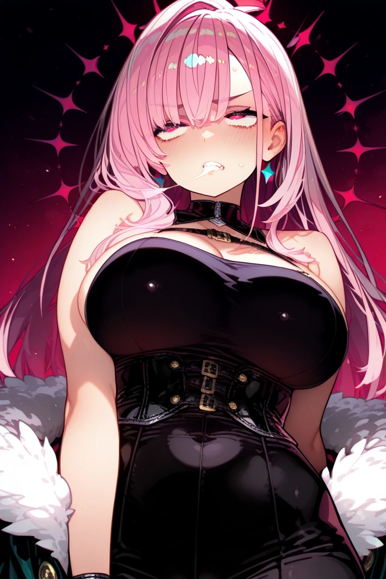 High quality, masterpiece, ultra-detailed, without clothes, black pantyhouse, panties, choker, headress, 1girl, solo, peaceful expression, long pink hair, enchanting blue eyes, fox ears, big breasts, laying on bed