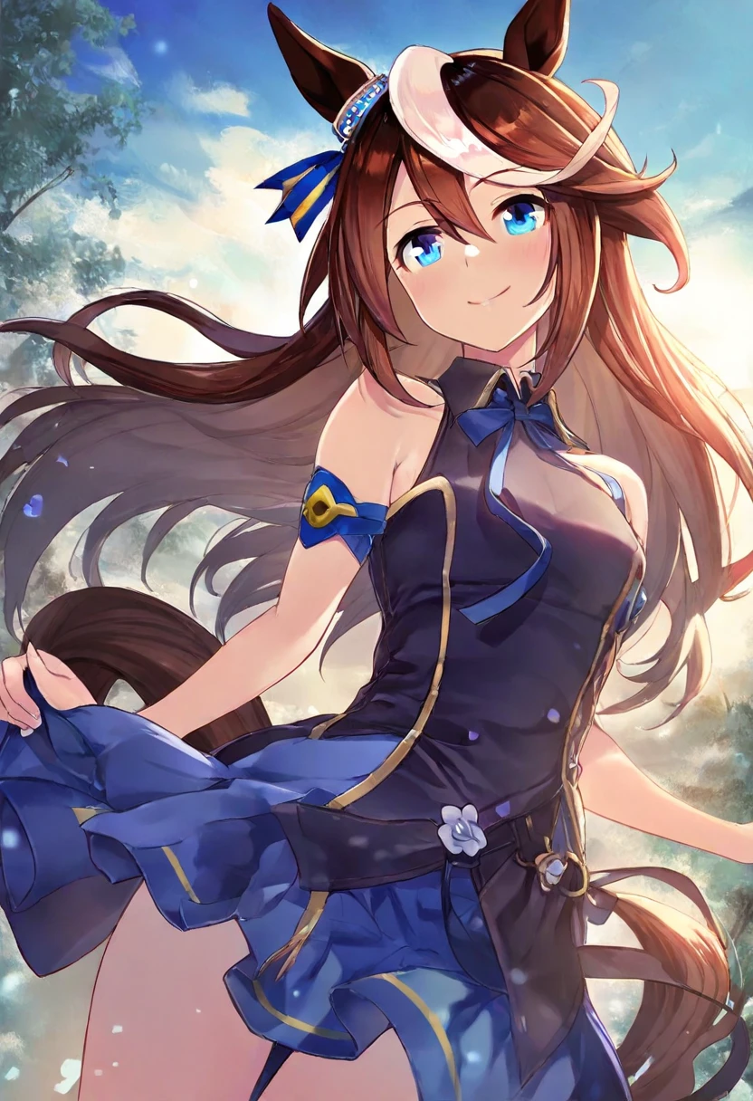 highest quality,masterpiece,High resolution,CG 8k ,super detailed images,beautiful sister,one person,daitaku helios,horse ears,horse tail,smile,Blue clothes,white shorts,Close-up,