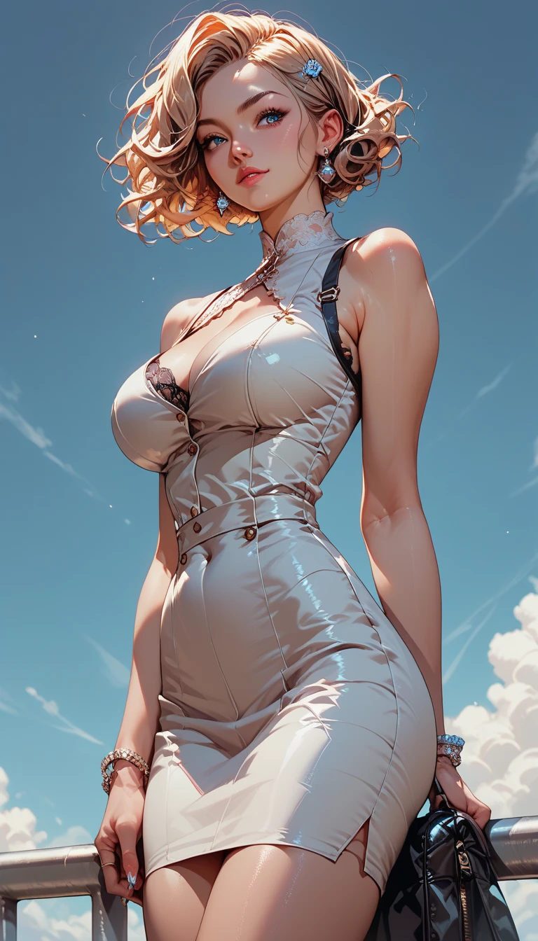 photorealistic,realistic, solo, photorealistic, best quality, ultra high res, 1girl,, , blonde hair in a ponytail, wearing a leather sundress, breeze blowing through the grass,, , 1girl,, beautiful, masterpiece, best quality, extremely detailed face, perfect lighting, 1girl, solo,, , best quality, ultra high res, photorealistic,, ultra detailed,, masterpiece, best quality, , nancy1, large breasts, cleavage,, breast curtains, ,