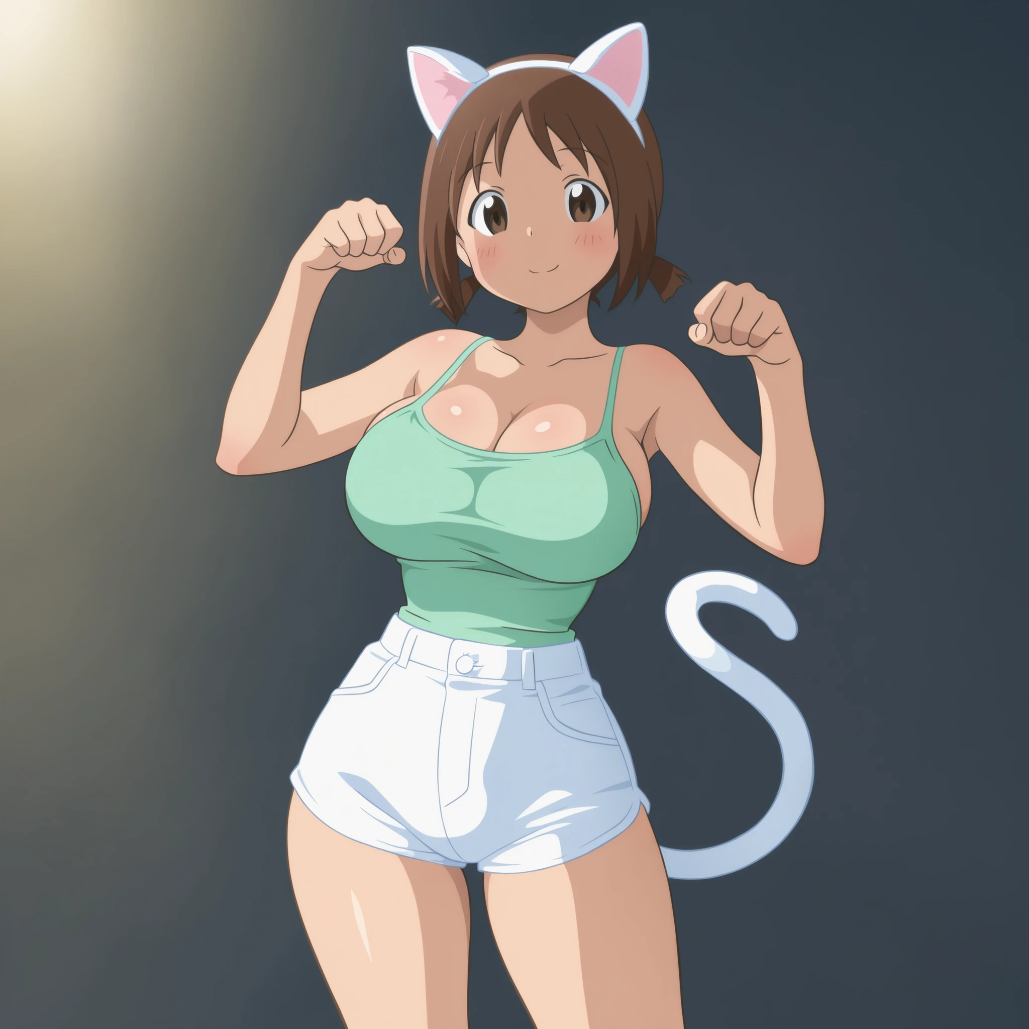 Masterpiece, best quality, high resolution, 1 woman, Long blue hair with pink stripes, smooth, green eyes, Bored face , cat ears , pink t-shirt , black bikini , abdomen, big breasts , Long legs , Put your hands on your hips. , canvas shoes , wall , Garbage bags