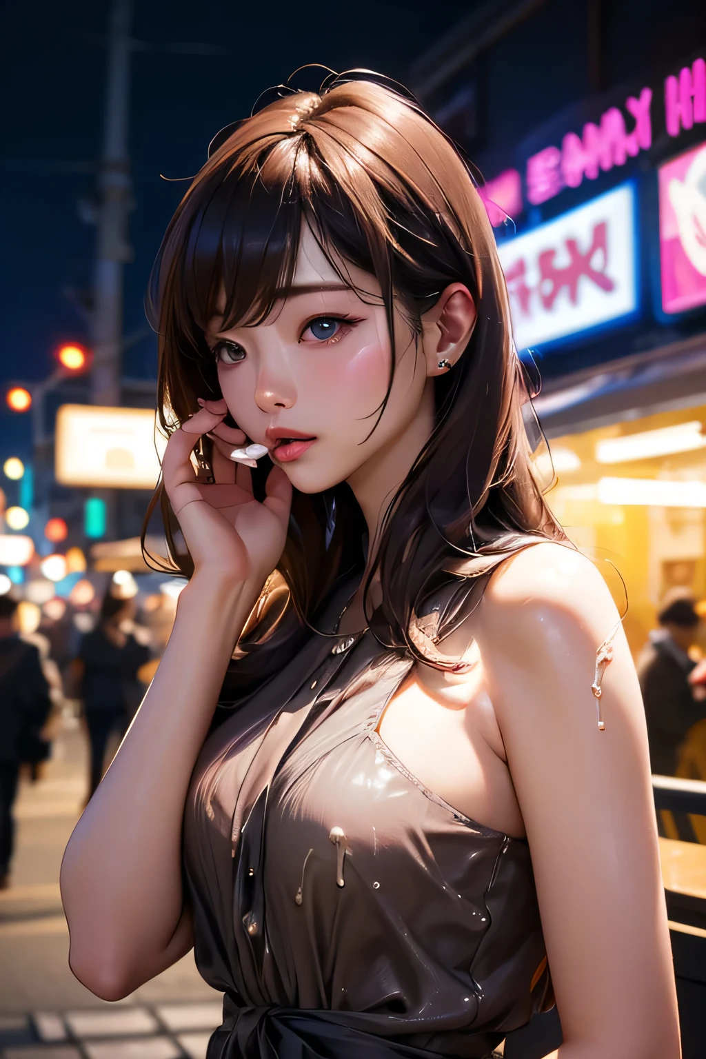 1 girl、On the streets of Tokyo、city View、夜のcity View、Neon Street、Upper part of the body、close up、a smile、、(8K、Original Photography、Top quality、masterpiece:1.2)、(Realist、フォトRealist:1.37)、Highly detailed eyelash drawing、(((Top image quality))), (Beautiful hair), (perfect Anatomy), (Practical), (Dynamic Angle), The pose is seductive,perfect, look、Top quality、high resolution。