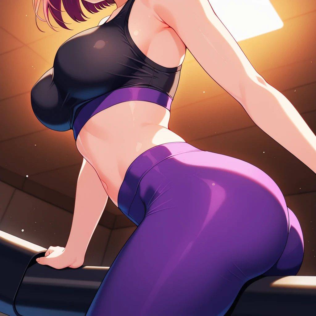 (masterpiece), best quality, expressive eyes, perfect face, gym, workout, hot, sweating, sweaty, tan, big boobs, tan skin, flustered, blush, purple clothes, see thru, yoga pants, black hair, sitting on exercise ball, gym ball, exercise ball, curvy woman , black hair , straight hair, purple eyes, emberased, purple hair, purple eyes , shocked, nsfw, naked boobs, nipples , naked, big oreaole, ultra hd,