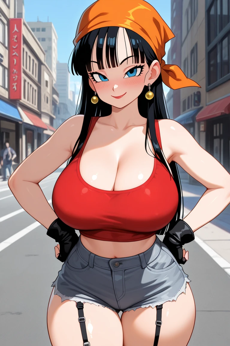 1girl, bare shoulders, black hair, breasts, cleavage, earrings, hand on hip, hands on hips, jeans, white tank top, jewelry, large breasts, looking at viewer, pants, smile, solo, teeth, <lora:chichi_dbzV2:0.7> chichi_dbz, standing, solo, masterpiece, best quality, detailed face, detailed eyes, highres, soft curves:1.5, <lora:b1mb0_v3:0.3>, <lora:add_detail:1>, ((indoor shopping center background:1.2, shopping mall:1.2, carrying shopping bags))