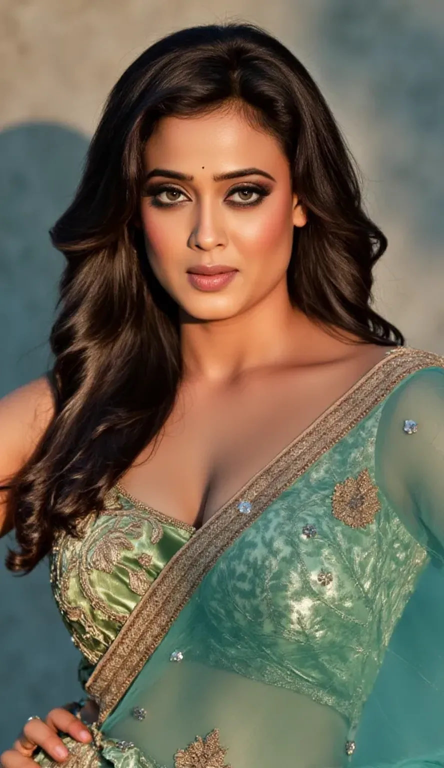 No-one33, a woman, she is wearing a saree, jewellery, cleavage, standing near a river, modelshoot style, extremely detailed CG unity 8k wallpaper, 8k uhd, dslr, soft lighting, high quality, film grain, Fujifilm XT, ((realistic))