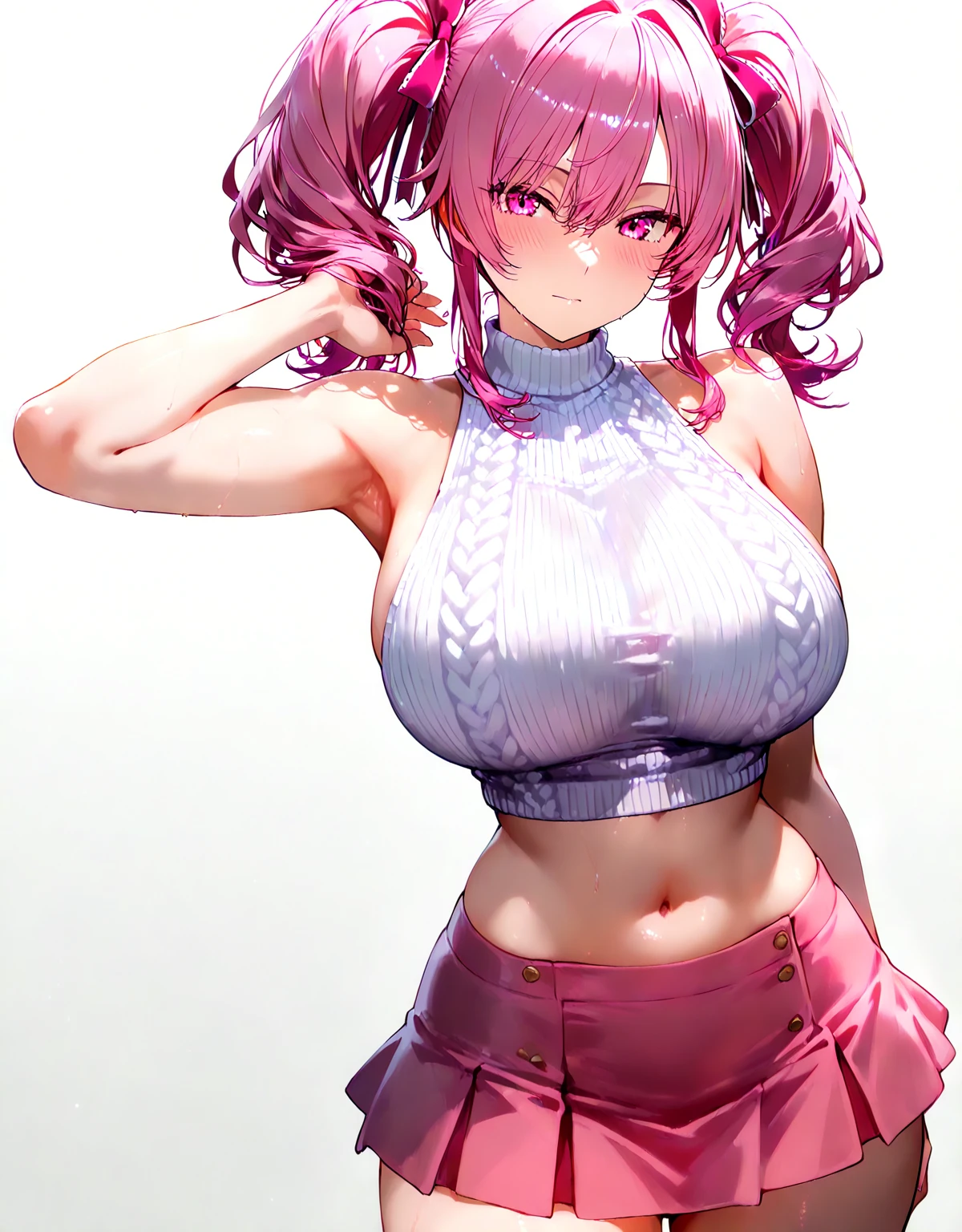 one-girl,Muscles throughout the body, Have huge chest musclearechested,with pink hair ,a purple eye,