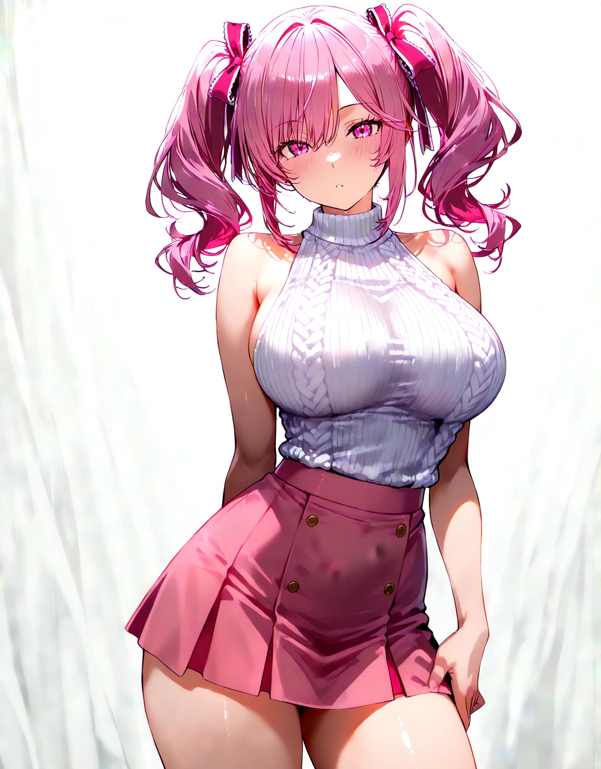 ((Highest quality, 8k, masterpiece :1.3)), (Sharp focus :1.2, Beautiful woman with perfect figure :1.4, Slim Abs :1.2), ((Big Breasts, Emphasize cleavage, The underboob is visible:1.3)), (Photorealistic:1.4), (realistic:1.4), (Pink Hair:1.5), Highly detailed face and skin texture, Fine grain, double eyelid. Makeup face, A little bit of lipstick, sex appeal, Sexy gravure pose, ((Black lace blouse and red tight skirt。The background is the platform of the station、She's on her way home。Accessorize with chic earrings。:1.3)