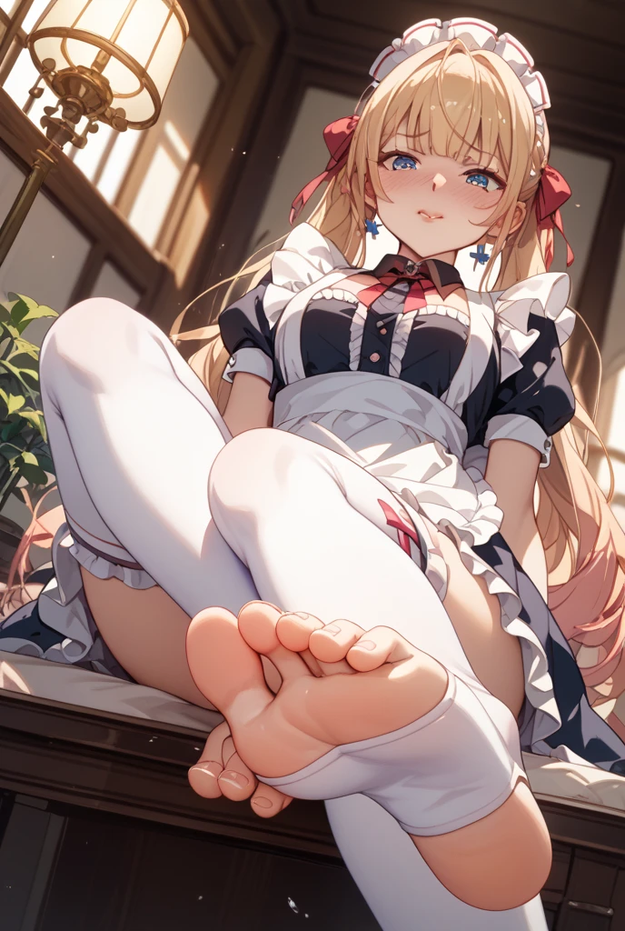 Shiny blond hair, very long hair, sophisticated haircut, ((((hair fully braided)))), ((small twisted braids)), thin and oval face, submissive, (((gagged))), ((((very cute maid girl)))), ((((very cute black maid dress)))), ((((cute waitress serving a blond man)))), cute and blushing 18 years old anime girl, look away because she is embarrassed and blushes, bright blue eyes, detailed face, detailed members, detailed arms, detailed hands, ((((sparkling diamond jewelry)))), tiara, ((makeup)), high heels, puffy sleeves, long gloves, long eyelashes, maid costume, maid dress, maid girl, Girl lying, tied by ropes, shackled, can no longer move, tied tightly, very hard tied up with lots of ropes, hampered by so many ropes that she can no longer move, bound hands and feet, ropes tie his whole body, tied extremely tightly and forcefully to her bed by a lot of ropes, its limbs are strongly tied together by ropes, his torso is tied up with thick cords, her chest is so tied up with ropes that it sticks out, her legs are tied tightly with thick ropes, his hands are tied behind his back with ropes, she can no longer move her feet, her hands which are tied by thick ropes, she desperately tries to free herself, likes to be tied tight with big ropes, likes to be immobilized by big ropes, lying down, his hands and feet are strongly tied to the railing of his bed, his legs are pressed together and tied with ropes, its limbs are held vigorously by imposing ropes, her hands are tied securely behind her back by ropes, her chest is compressed by strong ropes, she is pressed against her bed and restrained by large ropes (shibari, arms behind the back:1.4), (hands on the back), (masterpiece, best quality) 1.5, 1girl, solo, (sexy, beautiful woman, perfect face, perfect eyes, perfect hands), samus aran, (shibari, arms behind the back:1.4), (hands on the back), Spread the legs, s' ((lie in bed by big ropes)), ((close up of the girl)), ((((lie in bed))))