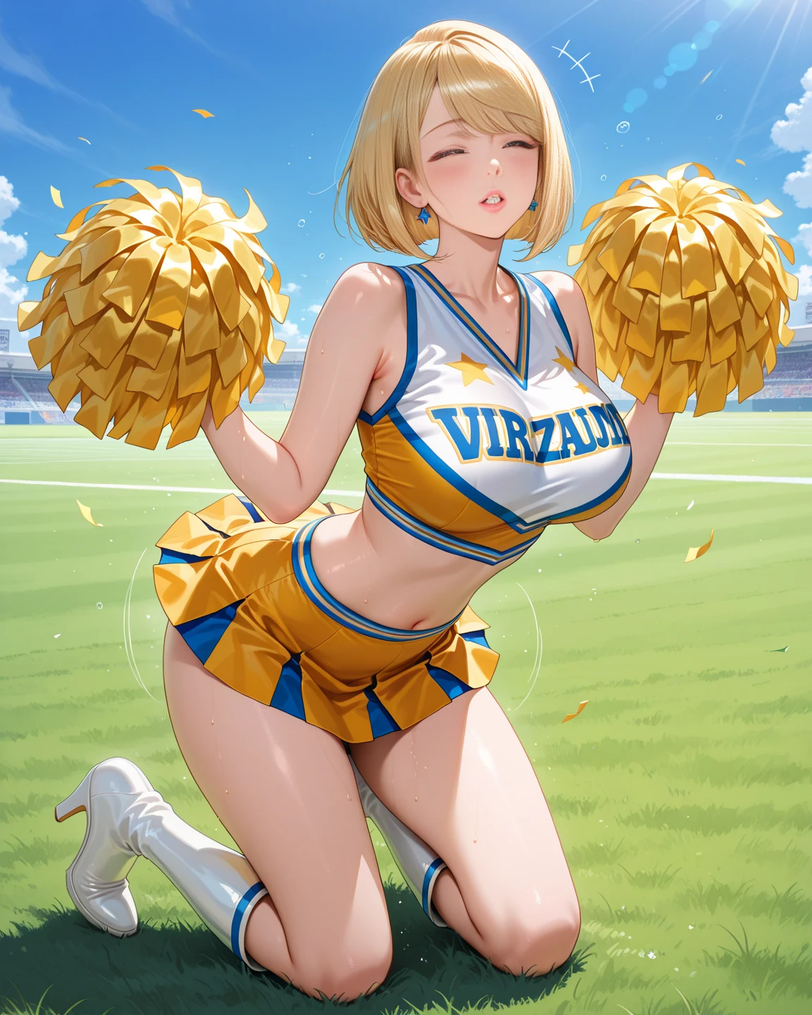 yellow hair, blue eyes, twin tail, Twin tail with a curled end, cheerleader, futanari, underboob, nipple, big cock,