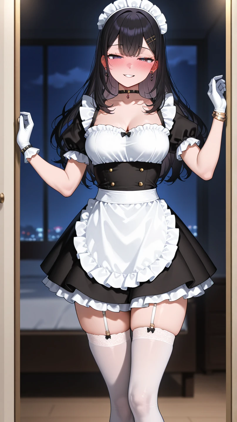 masterpiece, best quality, high resolution, UHD, 8k, ((cowboy shot)), BREAK, 1 girl, ((girl style anime)), Glossy skin, rounded eyes, beautiful eyelashes, realistic eyes, beautiful woman, with purple eyes, long hair, ((black hair)), with red money piece highlights, perfect body, medium breasts, BREAK, detailed clothes, beautiful face, (seductive smile:1.2), cosplayer, french maid costume, maid headdress, frills, short skirt, bowtie, maid apron, thighhighs, kneehighs, BREAK, standing up in room in a hotel.