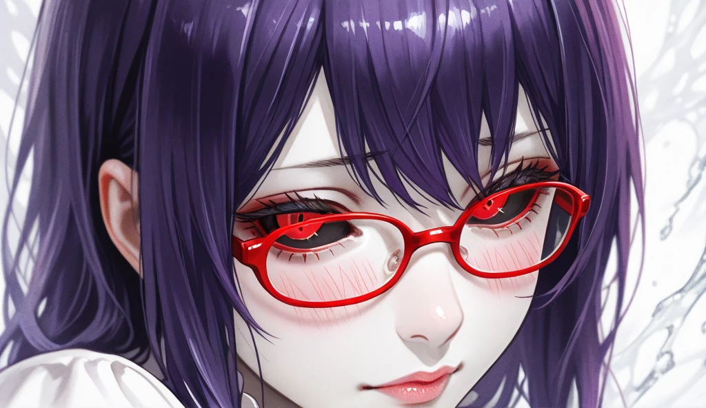 anime girl with purple hair and red eyes holding a rose, gapmoe yandere grimdark, gapmoe yandere, rize kamishiro, yayoi kasuma, yandere, portrait gapmoe yandere grimdark, tokyo ghoul, tokyo ghoul, with glowing purple eyes, grim facial expression