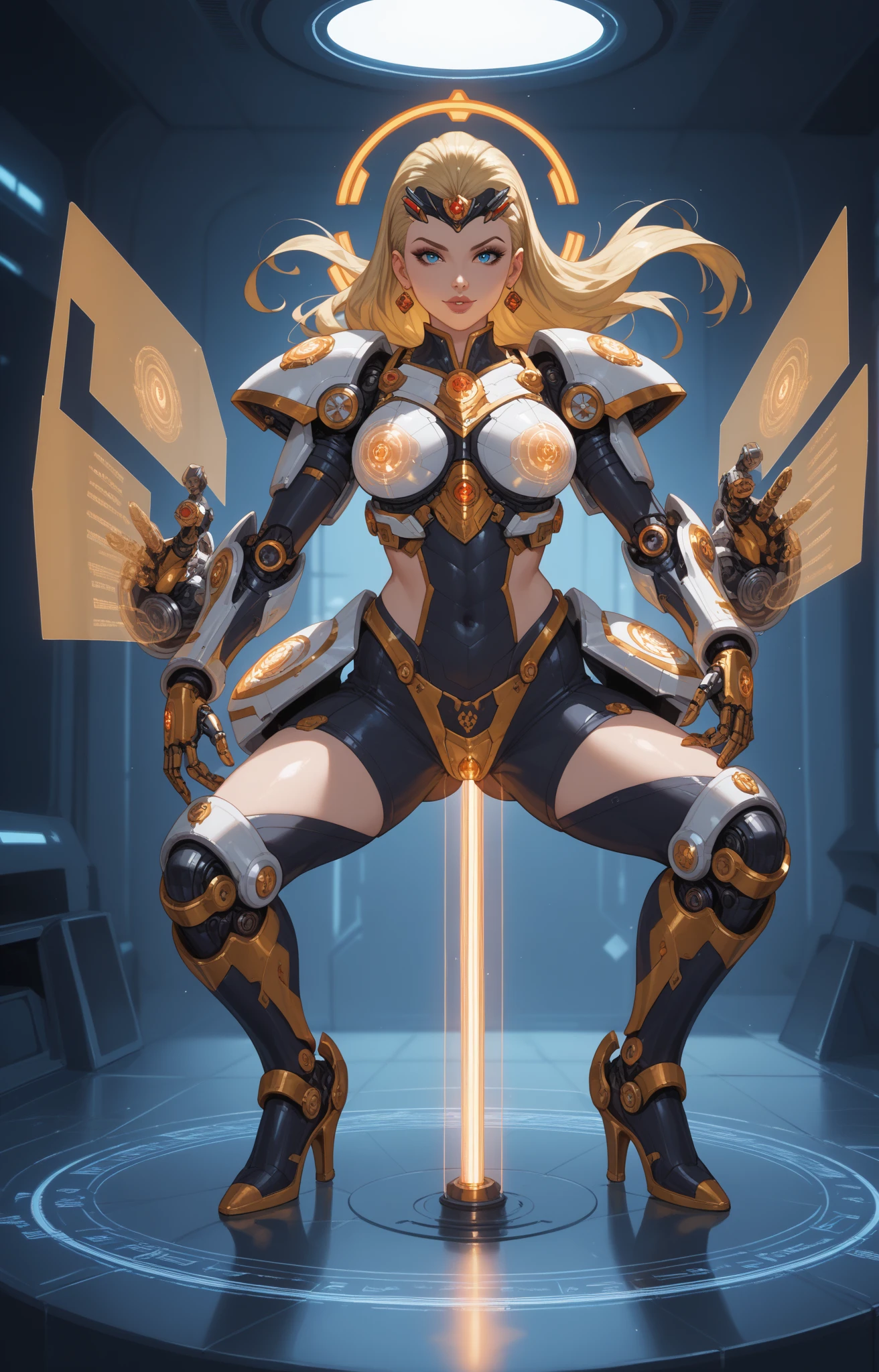 ((Masterpiece)), best quality, absurderes, ultra detailed, 8k, super complex details, intricate details, holographic, cowboy shot, golden ratio, super cute girl, mature girl, idol girl, aura super beautiful asian girl with very beautiful glowing eyes, beautiful glowing multicolored hair, high ponytail, nice and sexy body, slim body, perfect body, wearing a super tight and super cute leotard, a super sexy golden armor and cute and celestial hair ornament, with a cute magical pet, in a futuristic Tokyo