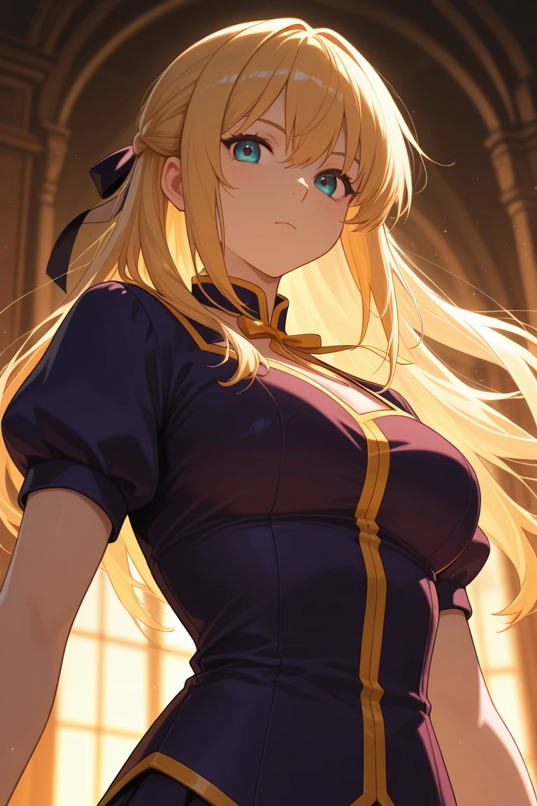 (( straight face picture )) ((best quality)),  ((Masterpiece)), (details), Young woman , yellow hair , Dirt. , blue eyes ,Blue purple set, ลายสีทอง ใส่หมวกDirt.ปีกใหญ่ , Magician , The dress is very beautiful. ,long dress