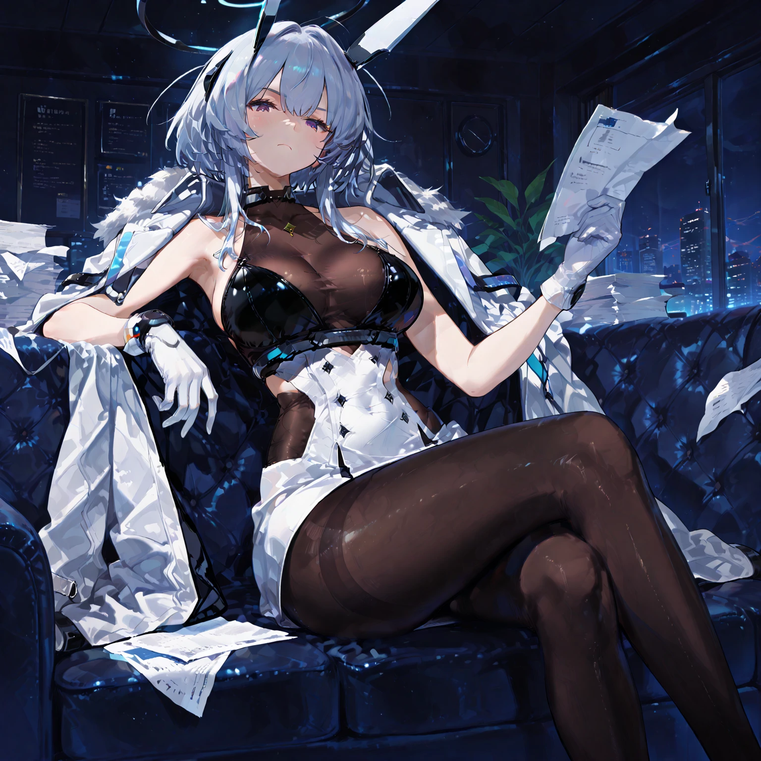 masterpiece, best quality, highres, evelynn1, 1girl, solo, grey hair, k/da \(league of legends\), stylish hair, yellow eyes, large breasts, poolside, micro bikini, smile, sitting