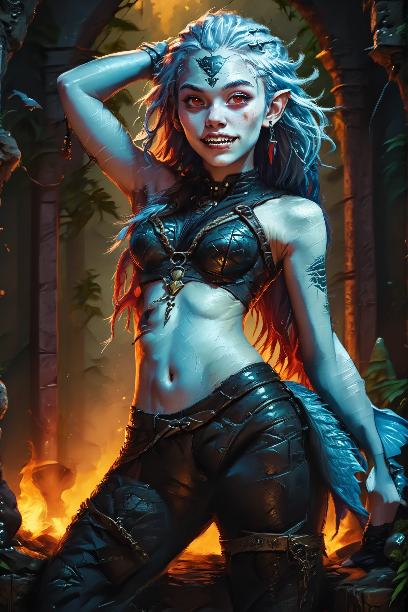 Slender mermaid-body with fins. Blue skin. Horror. Cute 18-year-old sharkgirl with big Asian red eyes and unnaturally sharp shark-like teeth and dreadlocks with white highlights. Sharp and pointy teeth. She has a cute and beautiful face. She has a round and young face with a pointy chin. Her body is athletic with abs. She wears intricate black indiginous leather outfit. Background: medieval jungle ruins. Realistic lighting. DnD art-style. fake box art, semi-realistic, Looking at the viewer.