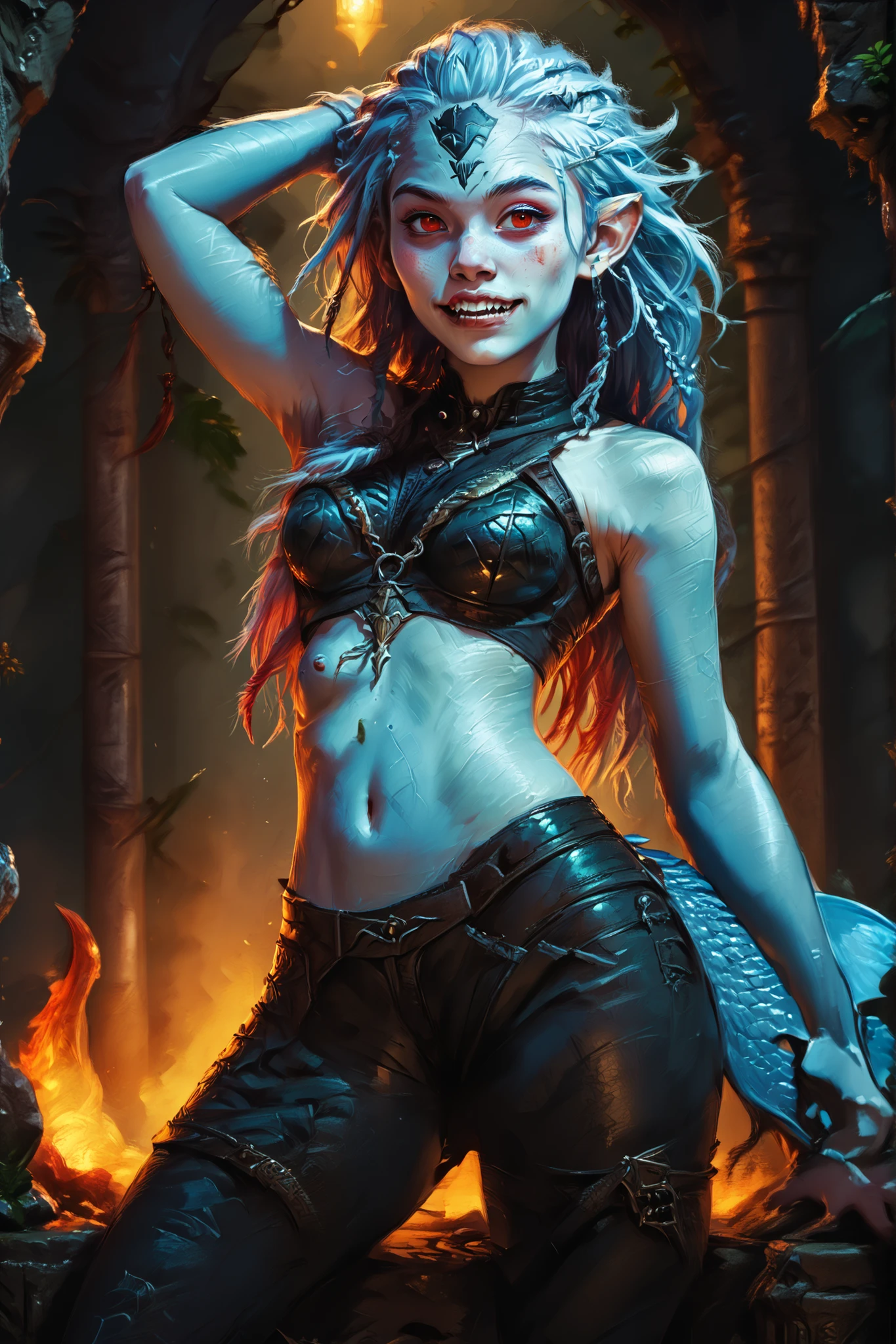 Slender mermaid-body with fins. Blue skin. Horror. Cute 18-year-old sharkgirl with big Asian red eyes and unnaturally sharp shark-like teeth and dreadlocks with white highlights. Sharp and pointy teeth. She has a cute and beautiful face. She has a round and young face with a pointy chin. Her body is athletic with abs. She wears intricate black indiginous leather outfit. Background: medieval jungle ruins. Realistic lighting. DnD art-style. fake box art, semi-realistic, Looking at the viewer.