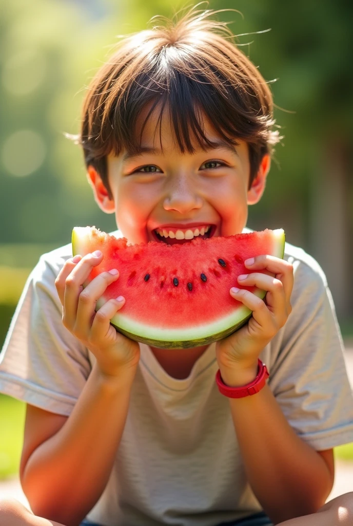 little blond boy eating watermelon, medium close up shot, sunny day, high quality photo