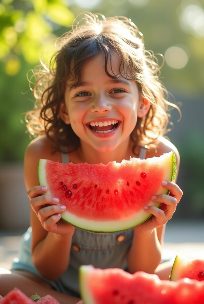 girl CHILD 10 years old, Russian blonde in braids, There are four pieces of watermelon.