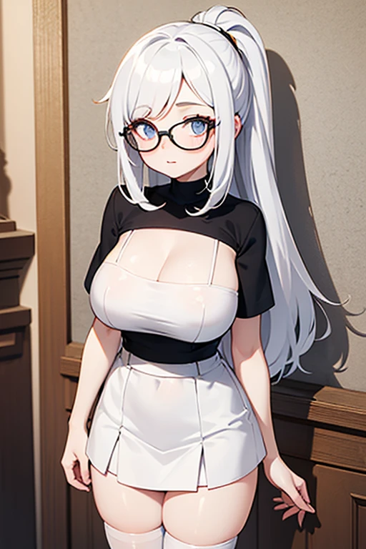 Green eyes,Grey Hair,Glasses,(Sensitive smile:1.2),cleavage,Officelady,Secretary,Red-framed eyewear,Bangs,(Large breasts:1.5),Looking at Viewer,((masutepiece)),((Best Quality)),Perfect Anatomy,8K UHD,extra detailed face,gloss and shiny,((1girl in)),((Solo)),(Beautiful detailed eyes:1.5),image perfect,arms behind back,Slim waist,Shiny hair,Office room,