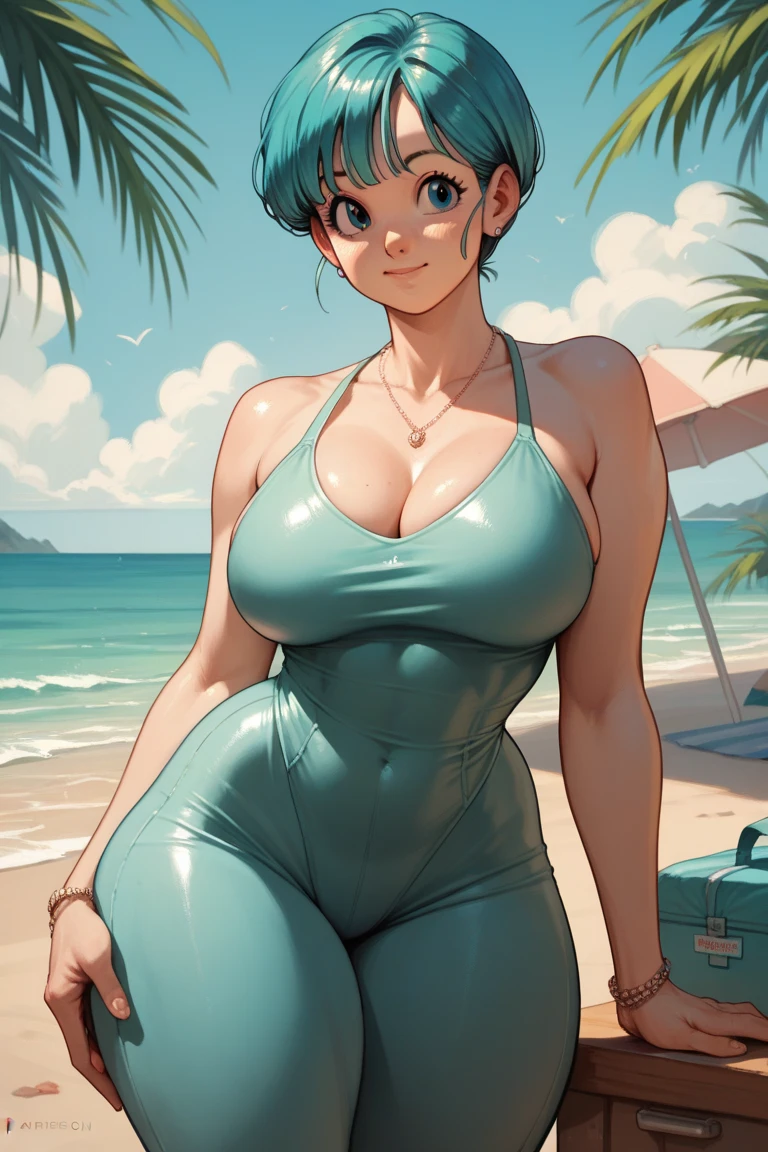 Plump Beautiful Wife、An ?????? body that makes you want to have ???、Shiny latex swimsuit、Blue and orange、???? pose、Wet body in the sea、short hair、Soaking wet、Metallic Color、Wavy hair、4K resolution、Highest quality、Masterpiece、Lighting on the front、Glasses、smile、Big ???