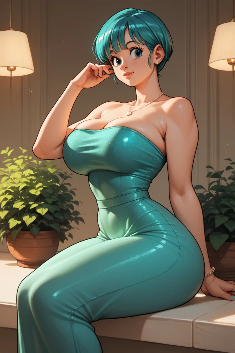 dynamic pose, clear light skin, 8k wallpaper, perfect lighting, masterpiece, older slim fit girl, full body shot, rounded face, very short disheveled dark blue hair, (big yellow eyes:1.5), shy smile, perfect medium breast, look at you, (ahoge:1.2), (megane:1.3), elegant tight evening dress, very short dress, tight dress, sexy dress, very long fit leg, narrow hips, hold hands behind back, artwork, shayfox, best hands, face