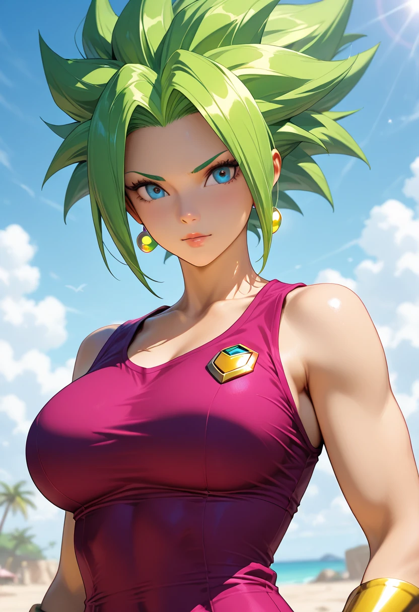 Caulifla guerrera saiyajin, dragon ball super, sexy, hermosa, poderosa, abdomen tonificado, cuerpo muy delgado, skinny body, pose de combate, fondo espacial, planetas, luz resplandeciente, light energy, aura personal iluminada color dorado.