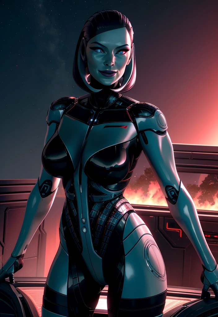 (masterpiece, best quality), 1girl, solo, looking at viewer, biohazard, from above, nsfw,
<lora:Edi-10MEv9:0.8> Edi,blue eyes,android,black lips,metal hair,robot joints, glowing eyes, smile,
space cabin,science fiction,indoors,neon trim,