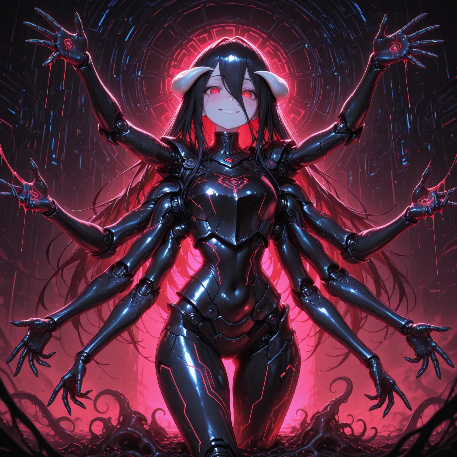 ((biopunk art)), ((biopunk atmosphere)), (beautiful biopunk anime girl), (dark grey skin), lamp glowing eyes, very long brown hair, open belly, short tentacle biopunk clothing, steel dots in skin, (scorn videogame style), horror atmosphere, (presence of something terrible), highly detailed biopunk background, background by Hans Giger, perfect anatomy, masterpiece