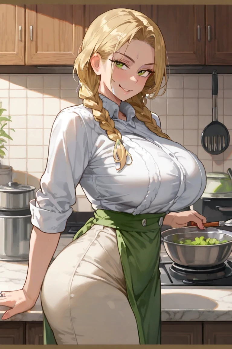 ((chef-d'artwork)), (best quality), (detailed), (1 femme), huge breast, exposed breasts, dans la salle de bain, emale, trentenaire, bouche ouverte, Graisse, thick thighs, , beaux yeux, thick body, yeux verts, culotte, blanc, golden.
