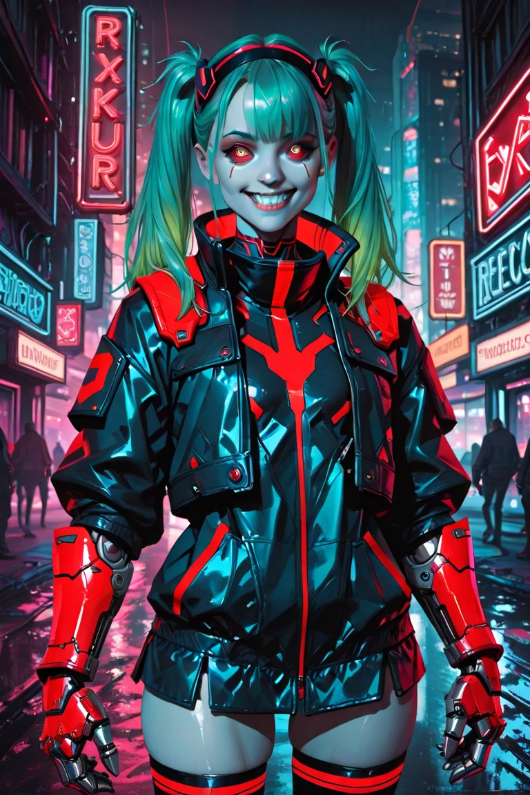 1girl, redhead hair, girl, mature woman, micro highleg highneck swinsuit, small breast, futuristic cyberpunk, bionic joints, (twin tail, hairband, mechanical eye, colored sclera, red sclera, long hair, green pupils, fang, red eyes, black croped jacket ) 2d, colorful manga detailed illustration, cinematic, ultra highly detailed, beautiful details, vivid, saturated colors, filigree detailed, tiny details, pop surrealism, cowboy shot