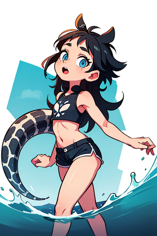 It has a drawing of a woman in a bikini sitting on a wave, cel - shaded art style, serpentine pose, cel shaded!!!, big black tail sneaking, holding a pudica pose, cel shaded anime, purples eyes, brunette skin, long hair,