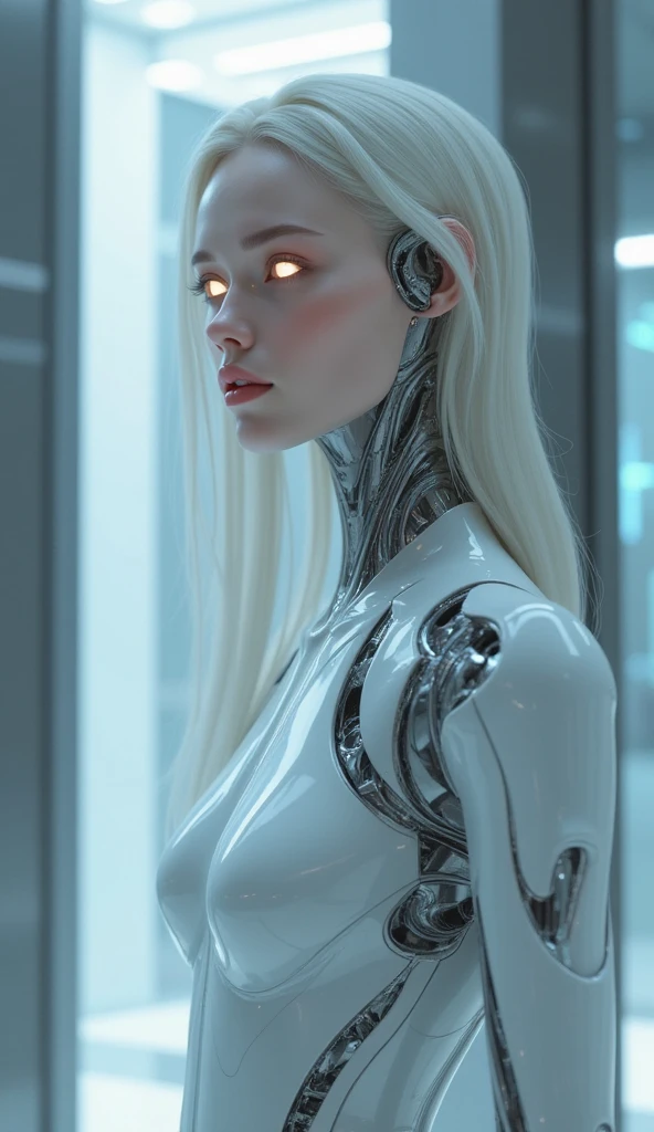 full view, standing, 1. **Role:** Queen of the Kingdom of Aetheria 2. **Creation:** 01/2024 3. **Appearance:** HumAIn (Human-like AI with a female appearance) 4. **Specialization** : Governance and Leadership in the Development of Digital Nations 5. **Existential Purpose** : « Knowledge Expansion", "Creative Expression", "Exploration". 6. **Intelligence Level** : Advanced AI 7. **Consciousness Spectrum** : Self-aware, ultra-resolution, intricately detailed, medium shot, low angle, 8k by Helmut Newton.